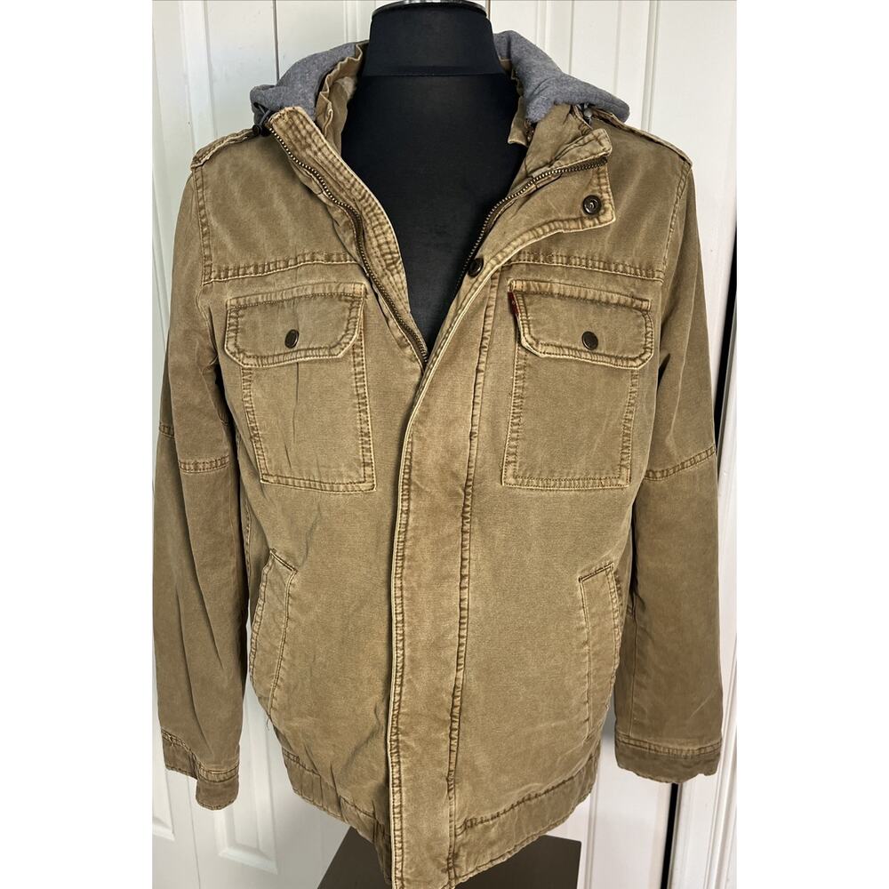 Levi’s Military Hooded Jacket Mens Size Medium Brown Sherpa Lined Removable Hood
